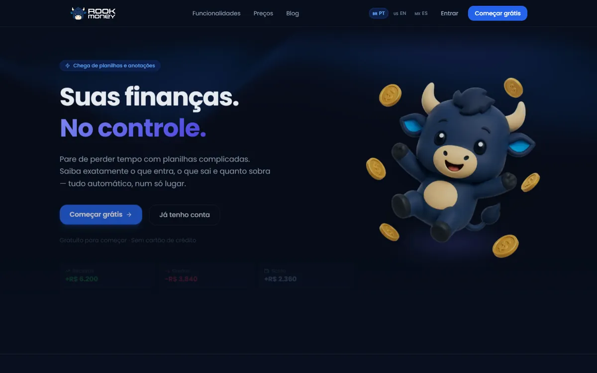 Tela do site de um aplicativo de finanças